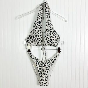 *NEW* AERIE CHEEKIER BIKINI BOTTOM‎ AND HALTER TOP BLACK WHITE LEOPARD PRINT M